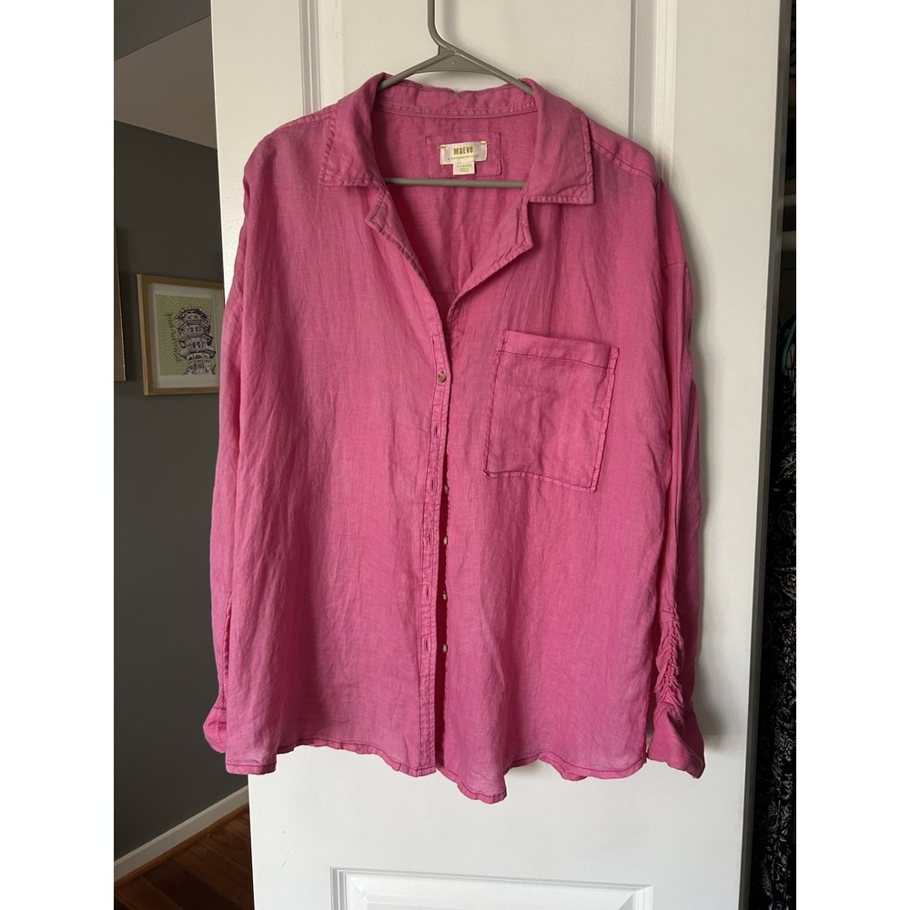 Anthropologie Maeve Pink 100% Linen Button Up Oversized Shirt Ruched Sleeves XL